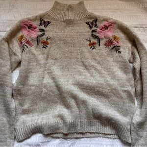 Floral Embroidered Beige Sweater